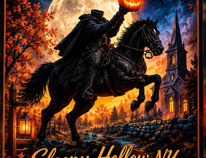 The Headless Horseman riding through Sleepy Hollow